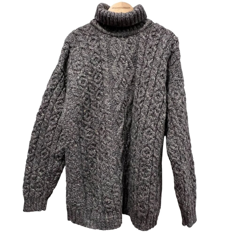 LL Bean Mens Irish Fisherman Ragg Wool Cable Knit Turtleneck Sweater, Gray, XLT